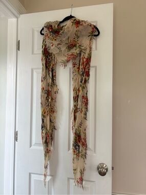 Chan Luu Beige Floral Wrap Scarf with Red, Green & Blue Accents